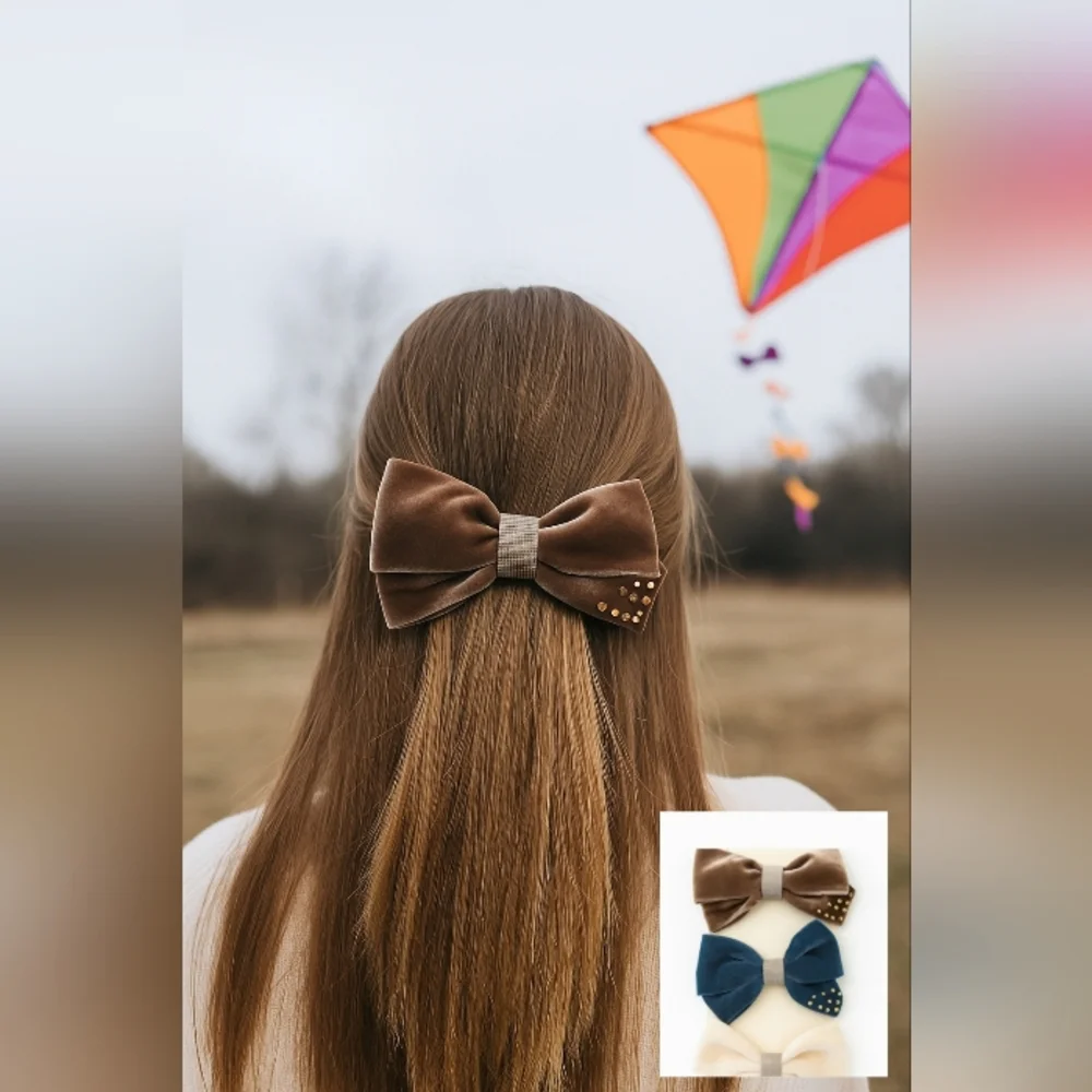 Handmade Velvet Bow Set -  Hair Bows With Rhinestone Details/ Set Of 3🎀✨